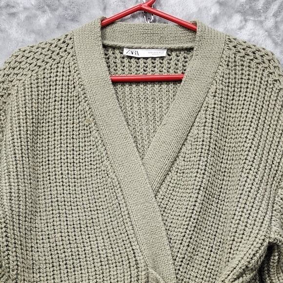 Zara Sweater Womens S Green Wrap Belted Cropped Cardigan Oversized Preppy Casual - Picture 2 of 10